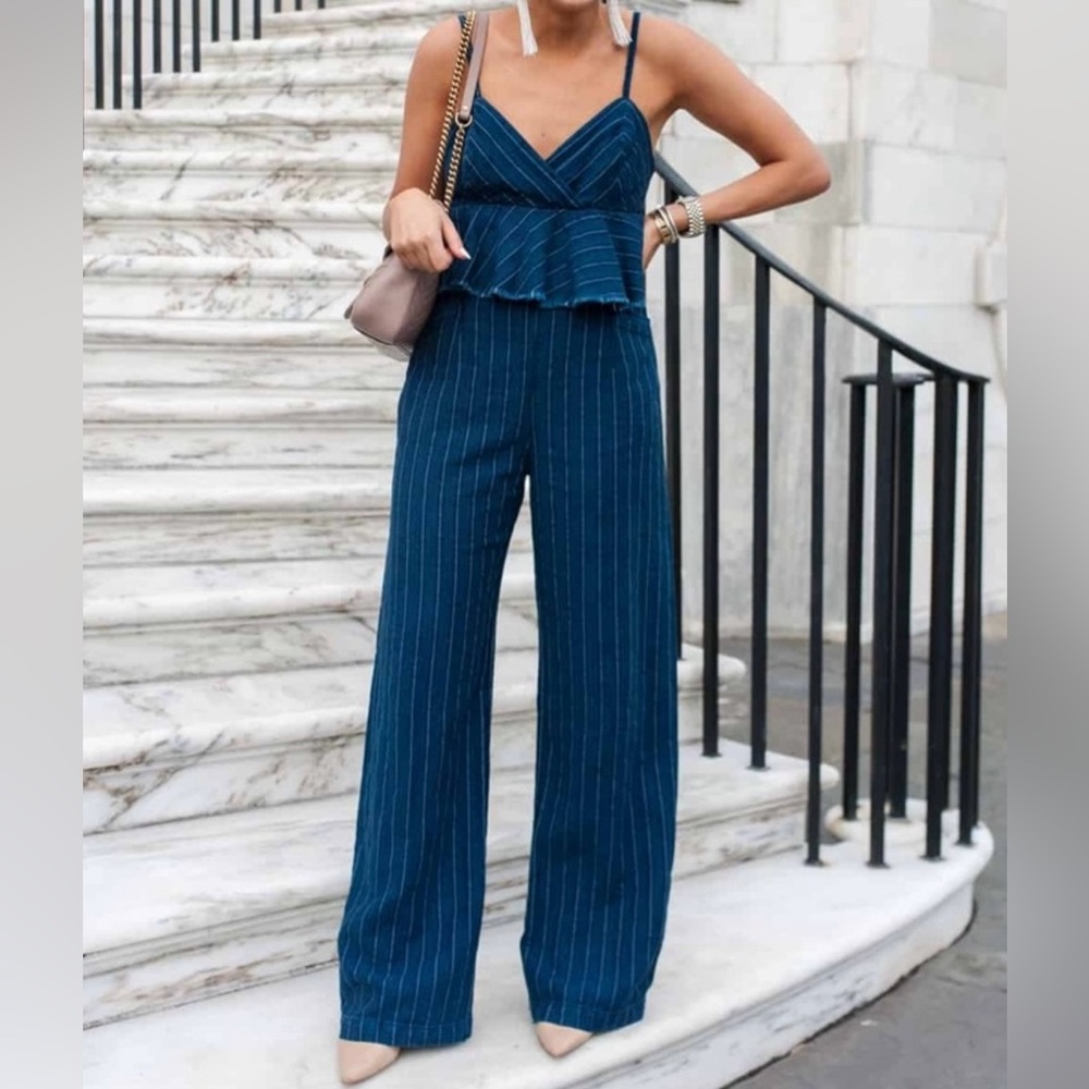 Anthropologie Blue Striped Denim Jumpsuit